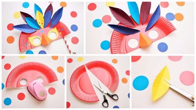 Faschingsmasken aus Pappteller basteln Karneval feiern Ideen