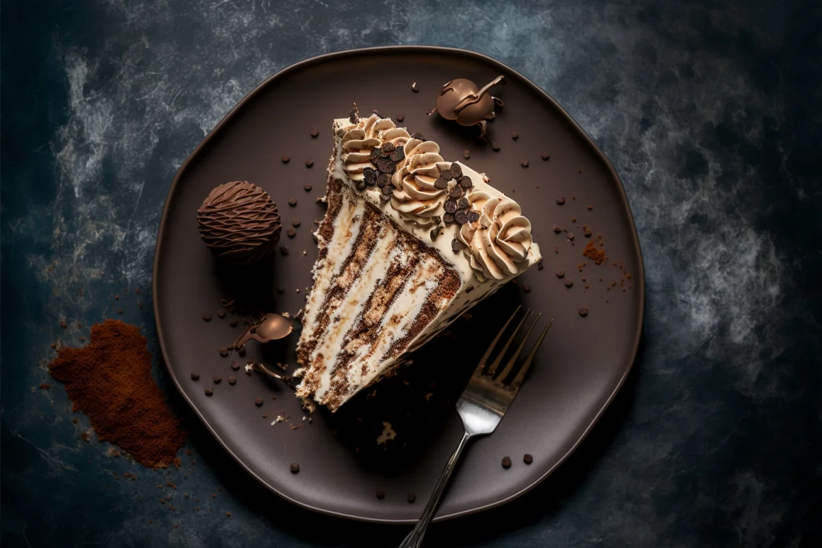 Tiramisu ein Stueck Dessert auf dem Teller serviert mit Schokolade und Kakaopulver verziert