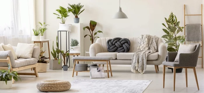 Lagom schwedisches Konzept Wohnzimmer helle Farbpalette innere Ruhe visuelles Gleichgewicht viel Gemuetlichkeit
