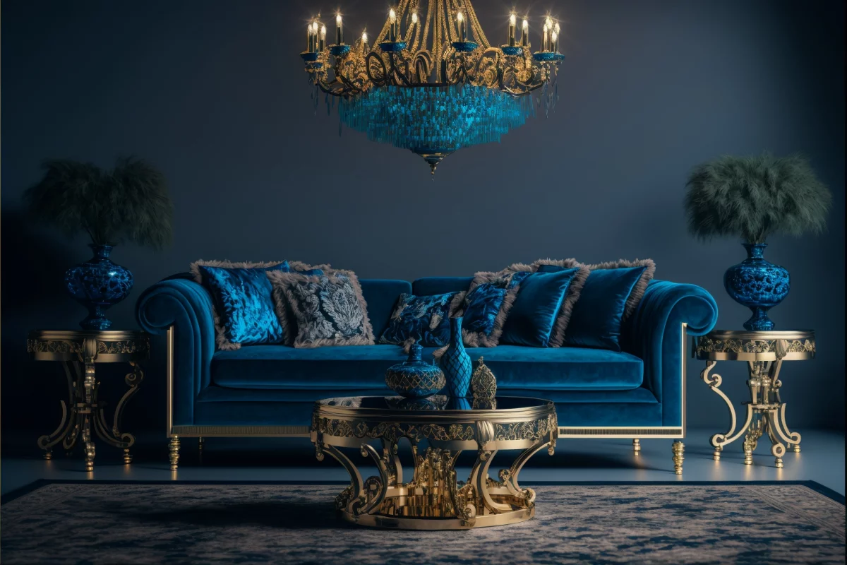 Luxurioese Interieurs Wohnzimmer blaue Couch Wurfkissen Kronleuchter Goldakzente ueberall