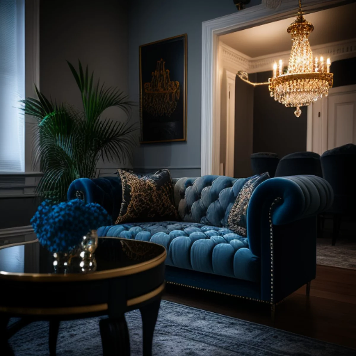 Luxurioese Interieurs Wohnzimmer dramatischer Look dunke Farben Sofa in Blau