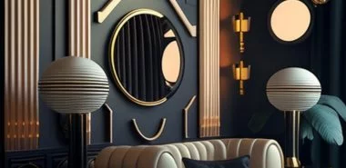 Luxurioese Interieurs Foyer oder Wohnzimmerecke weisses Sofa viele Goldakzente