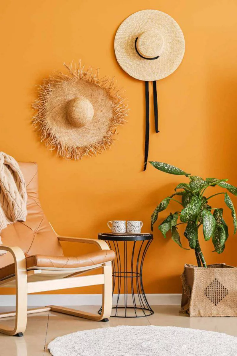 kreative wanddeko wohnzimmer hütte orange wandfarbe