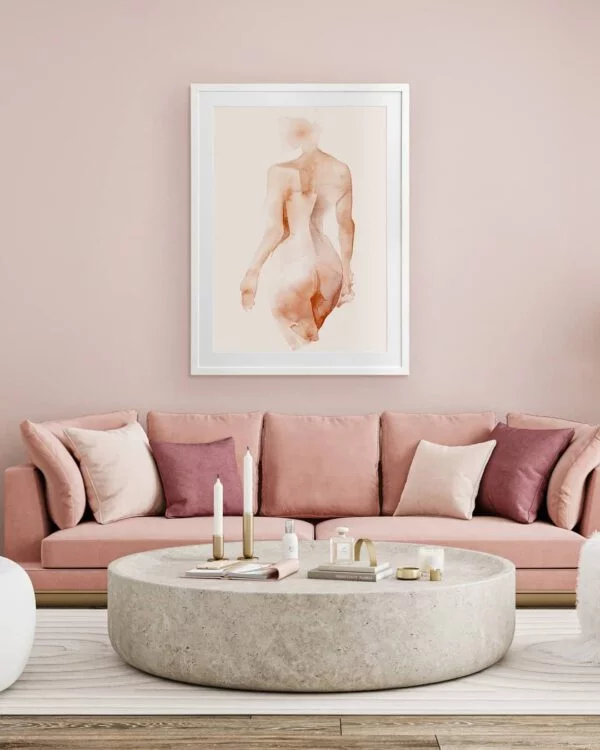 Wandfarben out 2023 luxurioese Raumgestaltung Millennial Pink Wandbild runder Kaffeetisch Marmor