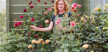 junge Gärtnerin zwischen ihren Blumen im Garten 