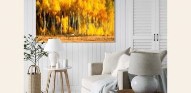 ein orangefarbenes Wandbild im weißen Raum in Scandy Style